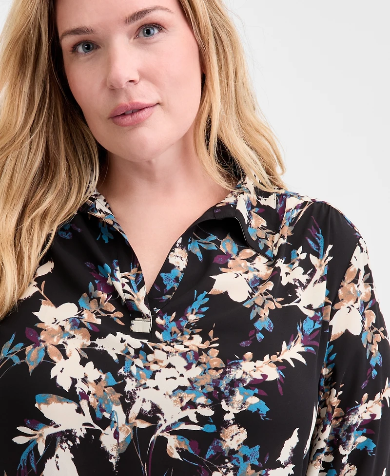 Ak Anne Klein Plus Printed Collared V-Neck Blouse