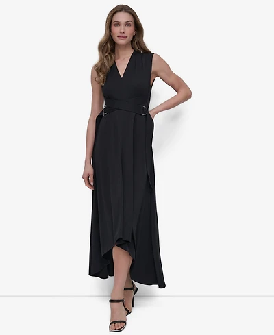 Dkny Women's V-Neck Sleeveless Belted High-Low Hem Dress