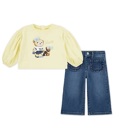 Levi's Baby Girls Bear Graphic Top and Wide-Leg Jeans, 2 Piece Set