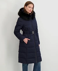 Tahari Women's Faux-Fur-Trim Hooded Belted Puffer Coat