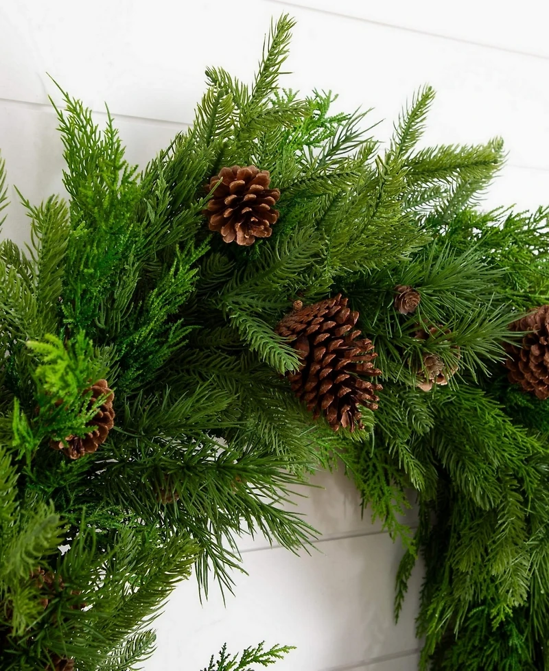 Nearly Natural 30" Artificial Norfolk Pine Wreath with Pinecones