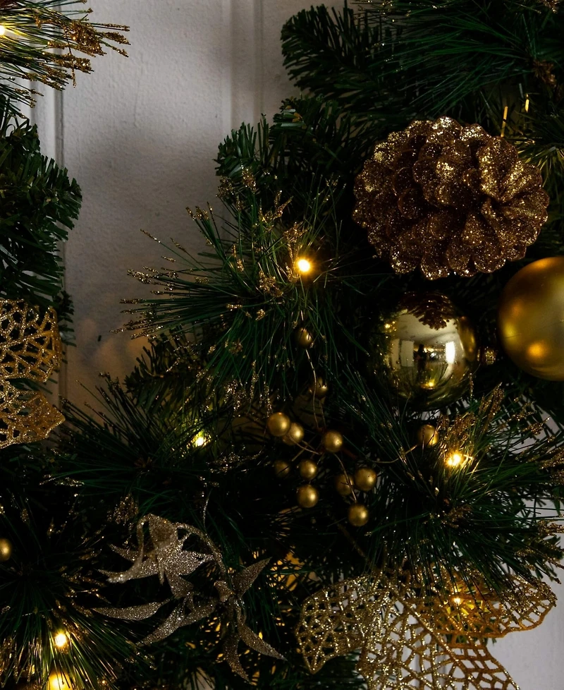 Nearly Natural 9" Pre-Lit Artificial Golden Frosted Christmas Garland Led Lights Pinecones and Ornaments