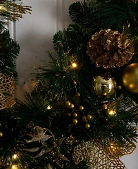 Nearly Natural 9" Pre-Lit Artificial Golden Frosted Christmas Garland Led Lights Pinecones and Ornaments