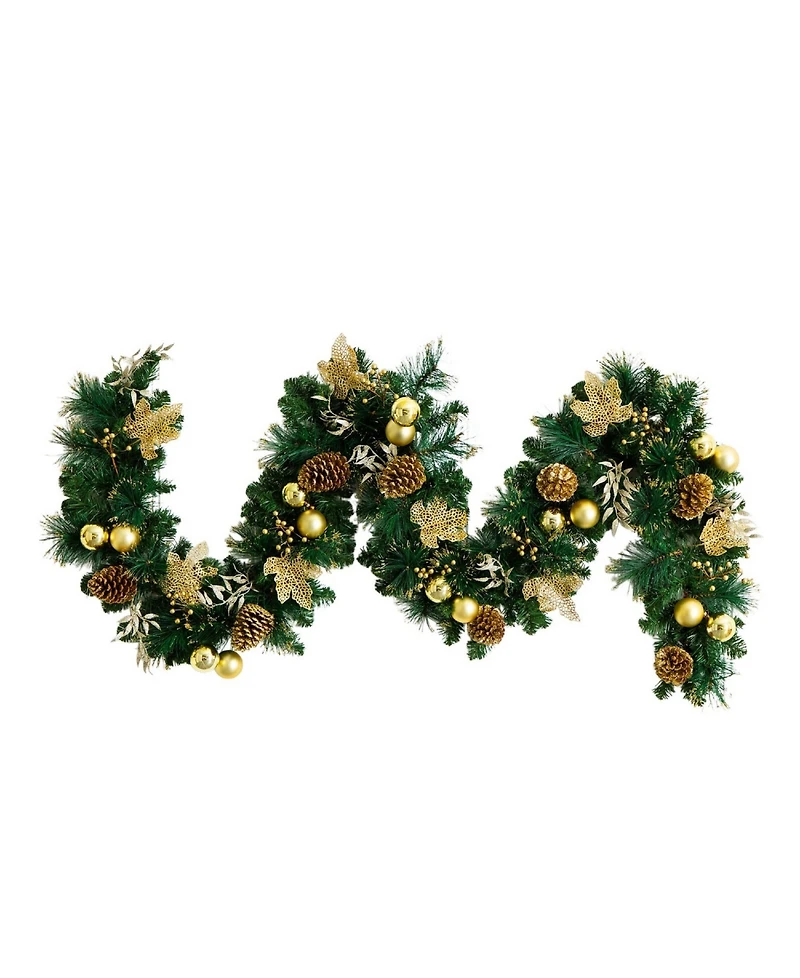 Nearly Natural 9" Pre-Lit Artificial Golden Frosted Christmas Garland Led Lights Pinecones and Ornaments