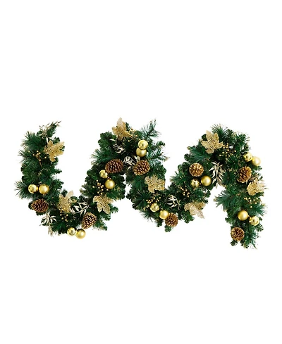 Nearly Natural 9" Pre-Lit Artificial Golden Frosted Christmas Garland Led Lights Pinecones and Ornaments