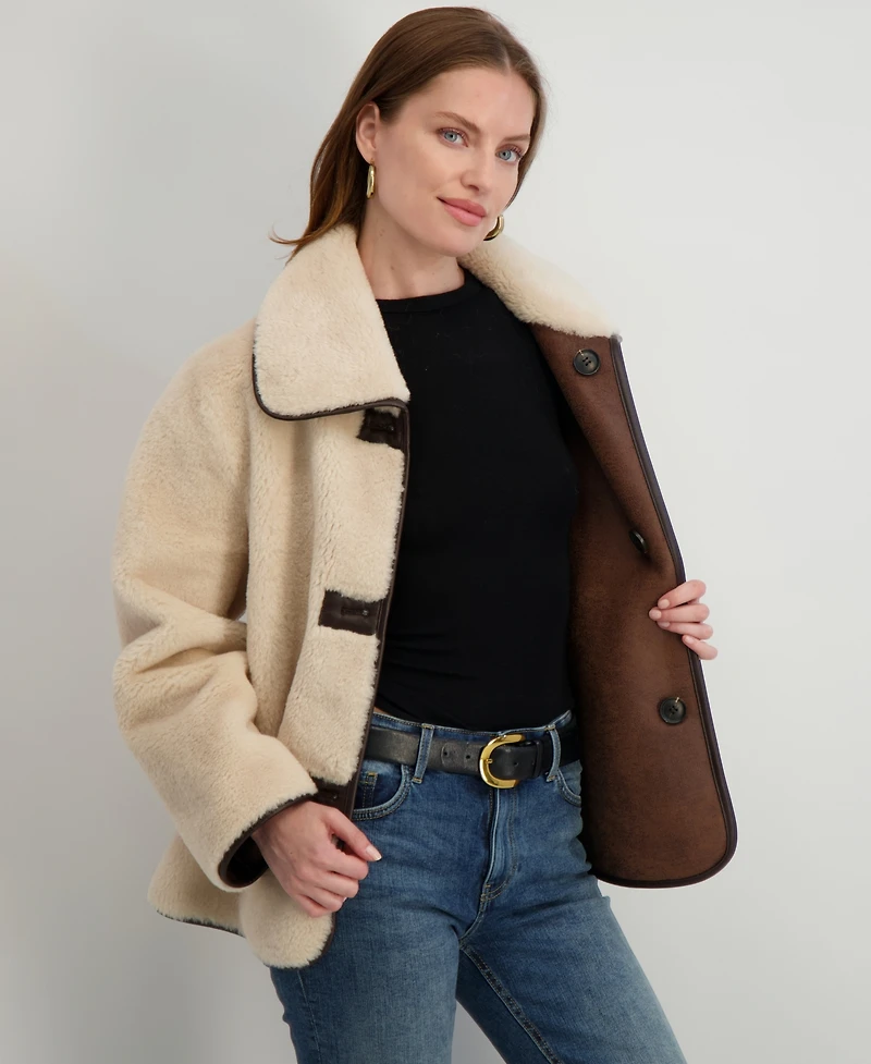 Tahari Women's Reversible Faux-Shearling Button-Front Coat