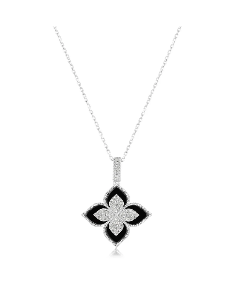 Suzy Levian New York Sterling Silver Black Enamel White Cubic Zirconia Pave Flower Clover Pendant