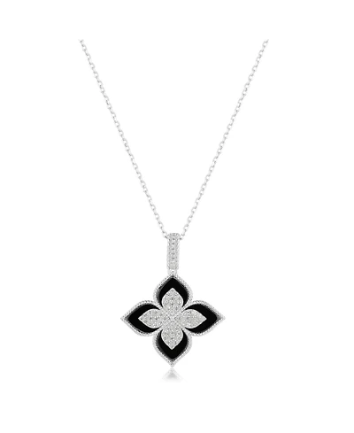 Suzy Levian New York Sterling Silver Black Enamel White Cubic Zirconia Pave Flower Clover Pendant