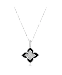 Suzy Levian New York Sterling Silver Black Enamel White Cubic Zirconia Pave Flower Clover Pendant