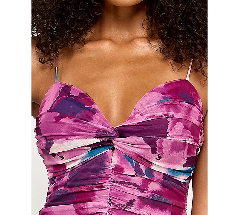 Katia Rae Juniors' Printed Mesh Lace-Up Bodycon Dress