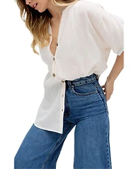 Raffya Women's Juneeta Crop Sleeve Button Down Shirt