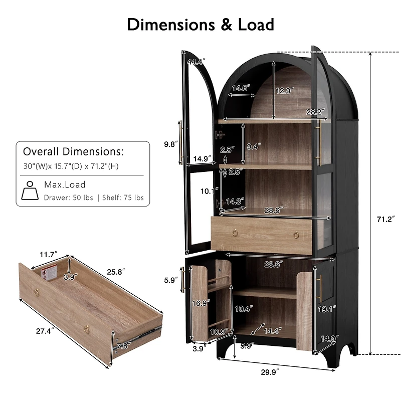 Casainc 71" Arched Kitchen Pantry Cabinet with Door Shelves, Glass Door, Hidden Drawer, Open Adjustable Shelves