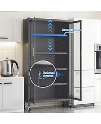 Streamdale Furniture 65" Kitchen Pantry Cabinet with Transparent Door & Wheels Gray