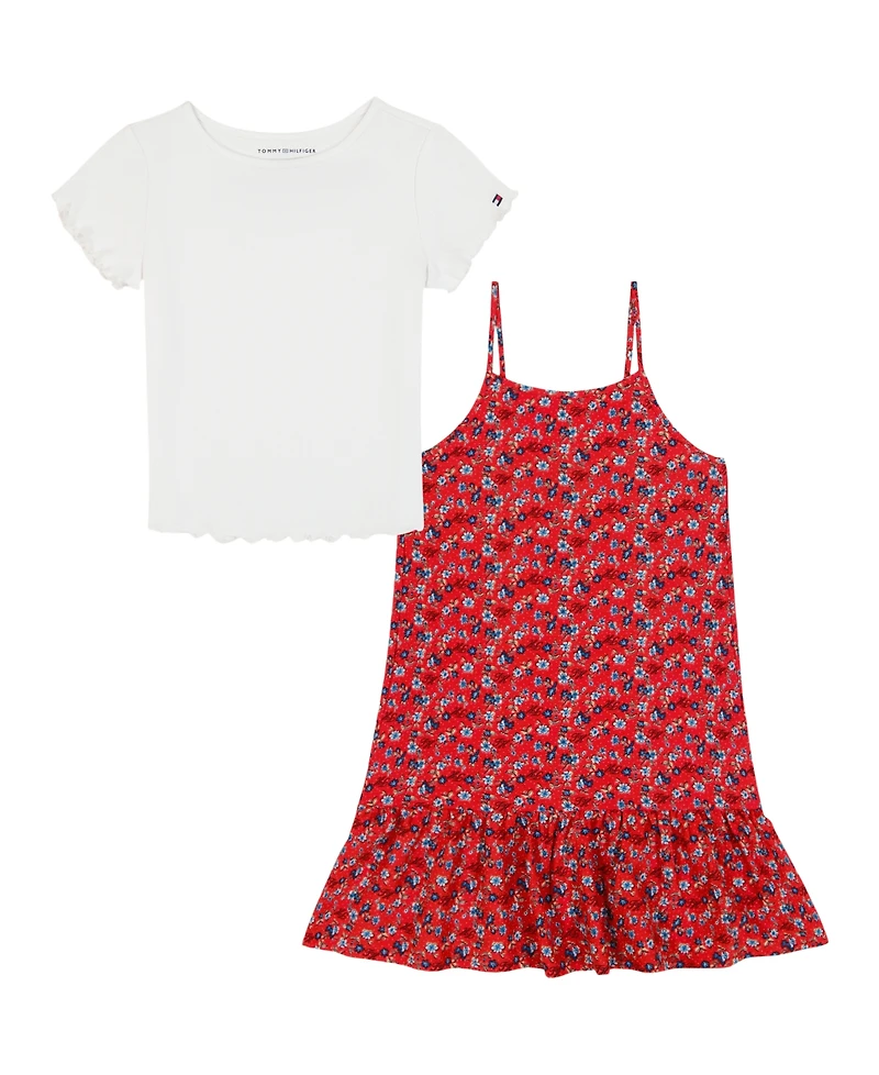 Tommy Hilfiger Big Girls 2-Piece Crewneck T-Shirt and Ditsy Print Dress Set