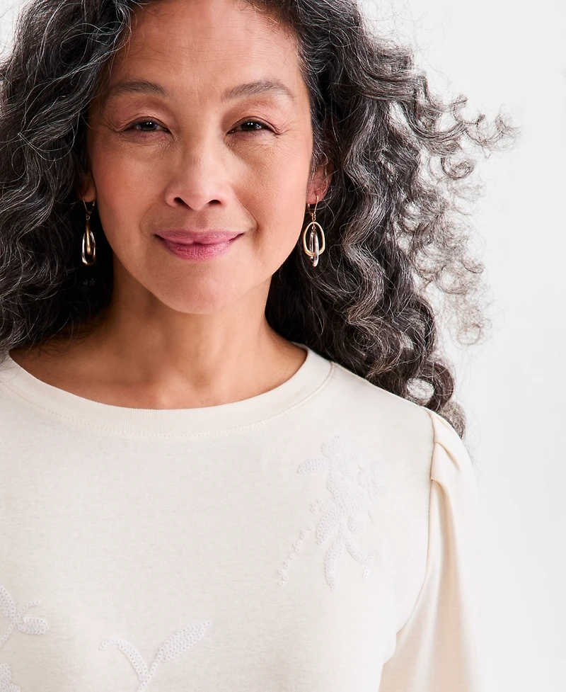 Style & Co Women's Cotton Sequined-Trim Long-Sleeve Top, Macy's Exclusive