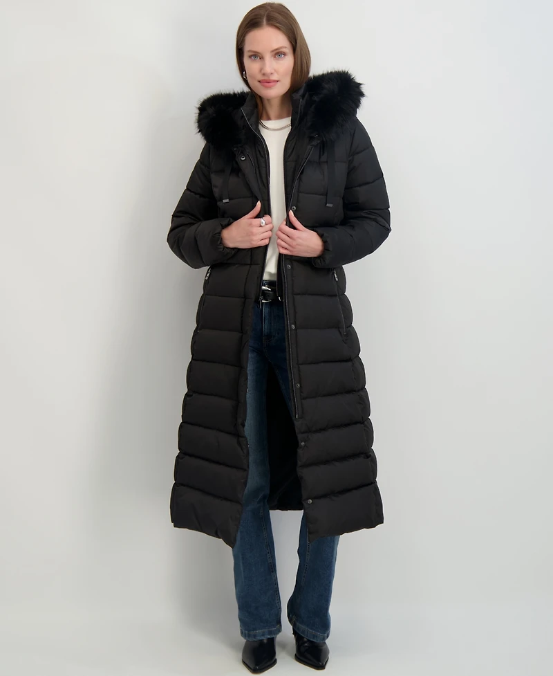 Tahari Womens Maxi Shine Bibbed Faux-Fur-Trimmed Hooded Puffer Coat