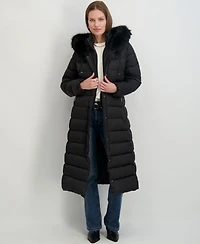 Tahari Womens Maxi Shine Bibbed Faux-Fur-Trimmed Hooded Puffer Coat
