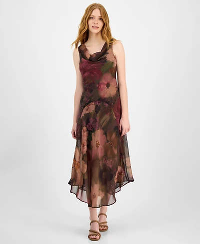 Robbie Bee Petite Printed Cowlneck High-Low Midi Dress