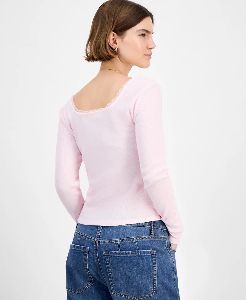 Hippie Rose Juniors' Floral-Print Lace-Trim Top