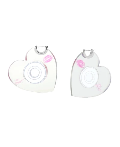 Betsey Johnson Rhodium Straight Heart Cd Hoop Earrings