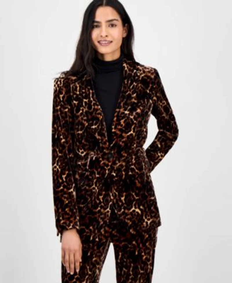 Anne Klein Womens Animal Print One Button Blazer Long Sleeve Turtleneck Animal Print Velvet Pants