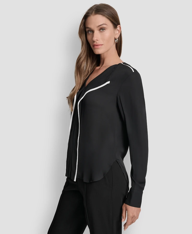 Dkny Women's Long Sleeve Trimmed Lapel Blouse, Regular & Petite