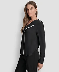 Dkny Women's Long Sleeve Trimmed Lapel Blouse, Regular & Petite