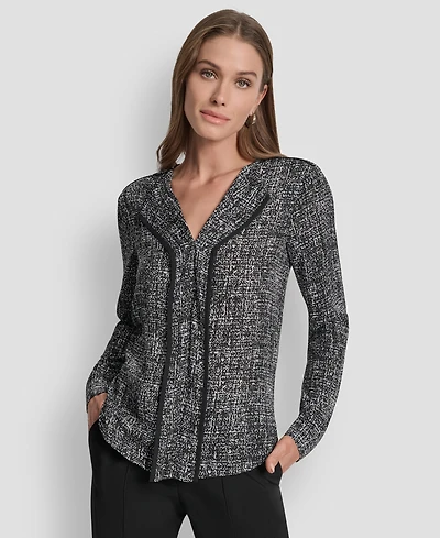 Dkny Women's Printed Contrast-Trim V-Neck Top
