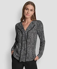 Dkny Women's Printed Contrast-Trim V-Neck Top