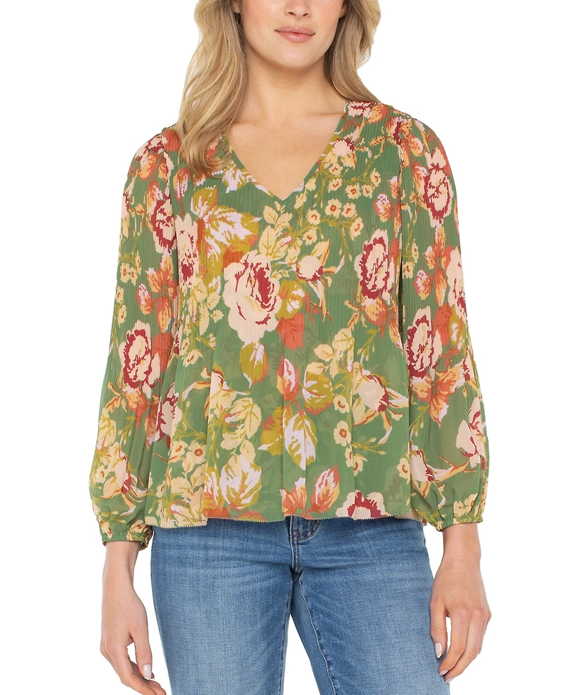 Liverpool Los Angeles Women's V-Neck Long-Sleeve Pleated Blouse