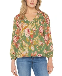 Liverpool Los Angeles Women's V-Neck Long-Sleeve Pleated Blouse