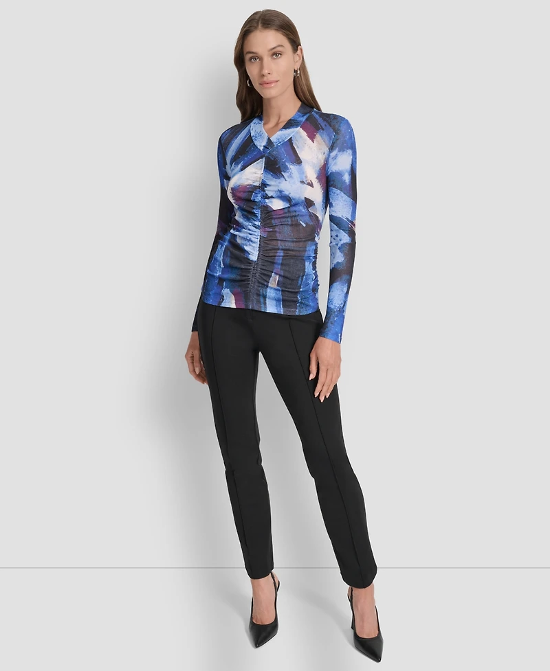Dkny Women's Printed V-Neck Ruched Top
