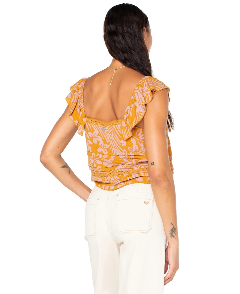 Roxy Juniors' Coastal Rays Seamed Flutter-Sleeve Cropped Top