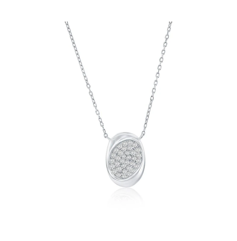 Simona Sterling Silver, Puffed Polished & Pave Cz Oval Necklace