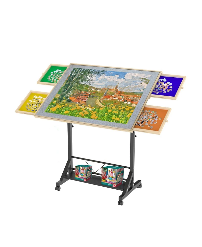 Streamdale Furniture Adjustable Tilting Wooden Puzzle Table with Wheels & Cover