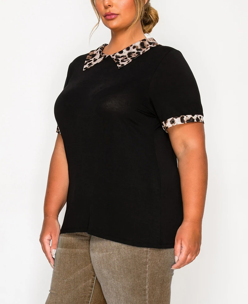 Coin 1804 Plus Leopard Print Mesh Collar Keyhole Back Short Sleeve Top
