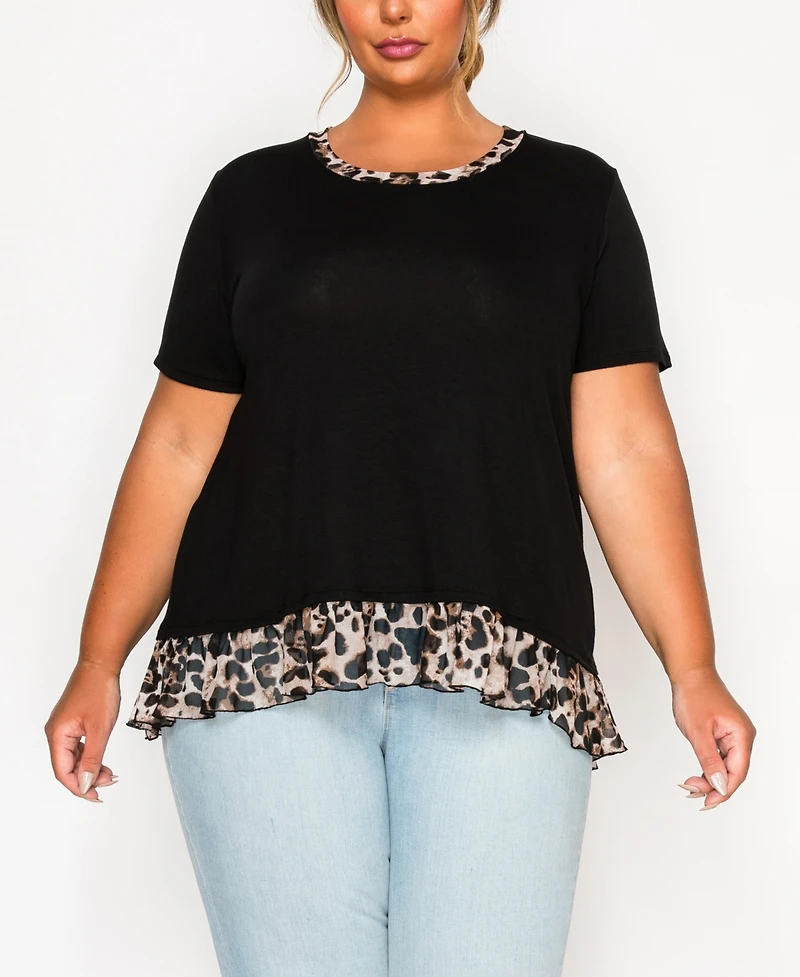 Coin 1804 Plus Leopard Print Mesh Pleat Back Short Sleeve Top