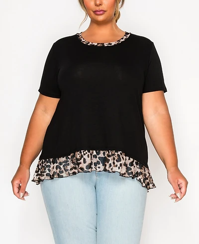 Coin 1804 Plus Leopard Print Mesh Pleat Back Short Sleeve Top
