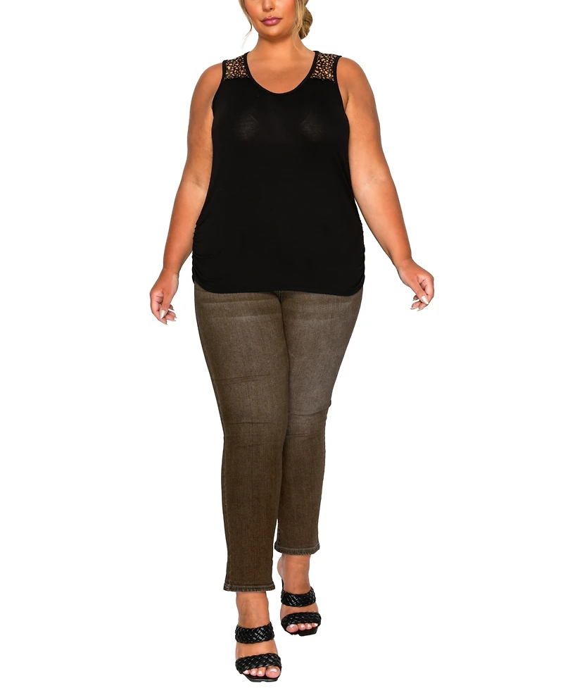 Coin 1804 Plus Pebble Mesh Inset Side Ruched Tank Top