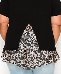 Coin 1804 Plus Leopard Print Mesh Pleat Back Short Sleeve Top