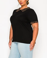 Coin 1804 Plus Size Pebble Mesh Collar Keyhole Back Short Sleeve Top