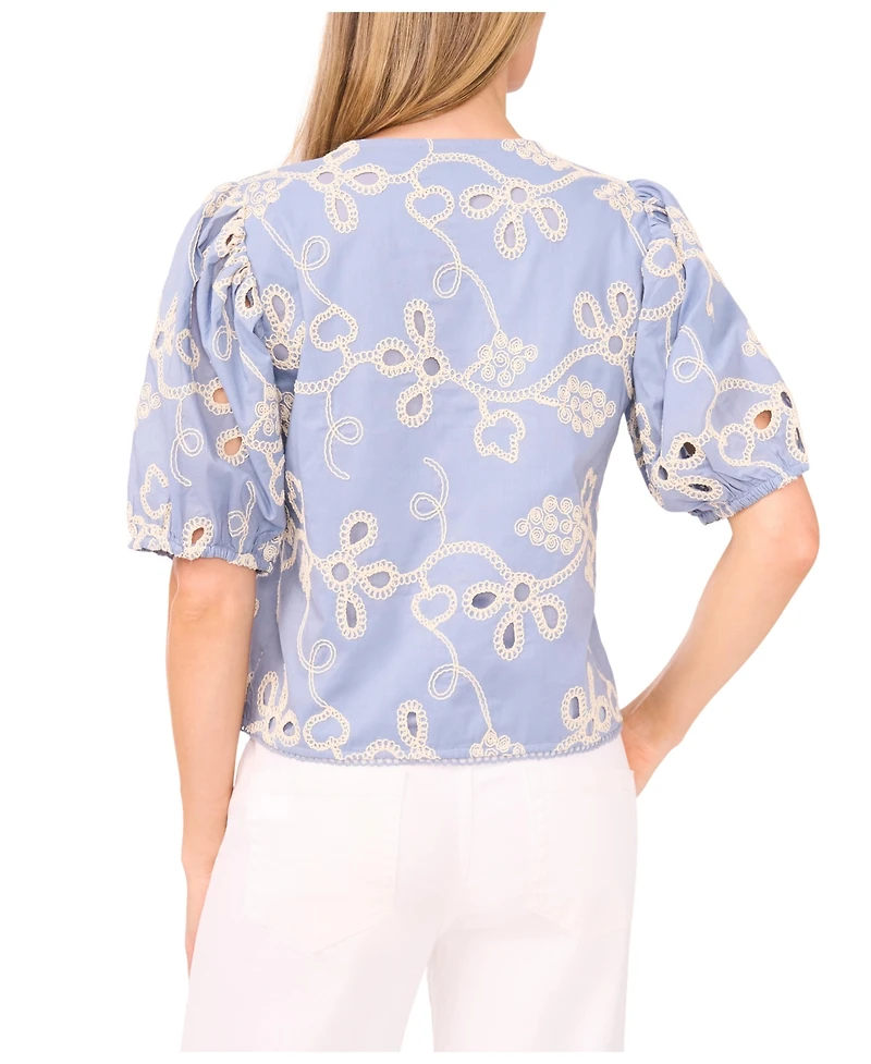 CeCe Women's Short Sleeve Open Tie Front Embroidered Top