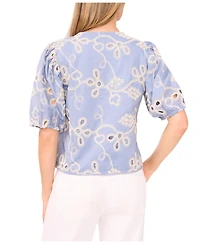 CeCe Women's Short Sleeve Open Tie Front Embroidered Top