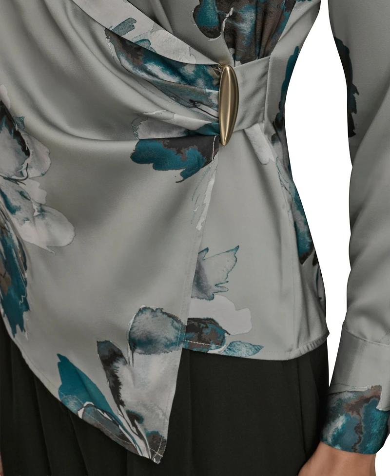 Donna Karan New York Petites Long-Sleeve Printed Shawl-Collar Blouse