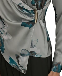 Donna Karan New York Petites Long-Sleeve Printed Shawl-Collar Blouse