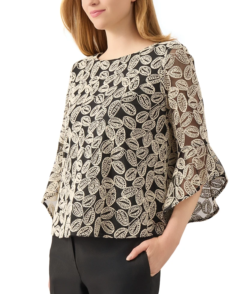 Kasper Women's Embroidered Ruffle-Sleeve Blouse, Regular & Petite Sizes