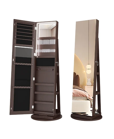 Vlsrka A 360° swivel standing jewelry mirror cabinet with storage shelves, full-length mirror, and Led lights.