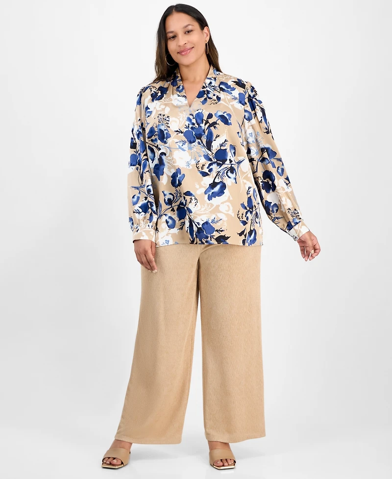 Kasper Plus Pleated V-Neck Floral Print Blouse