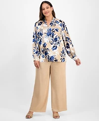 Kasper Plus Pleated V-Neck Floral Print Blouse