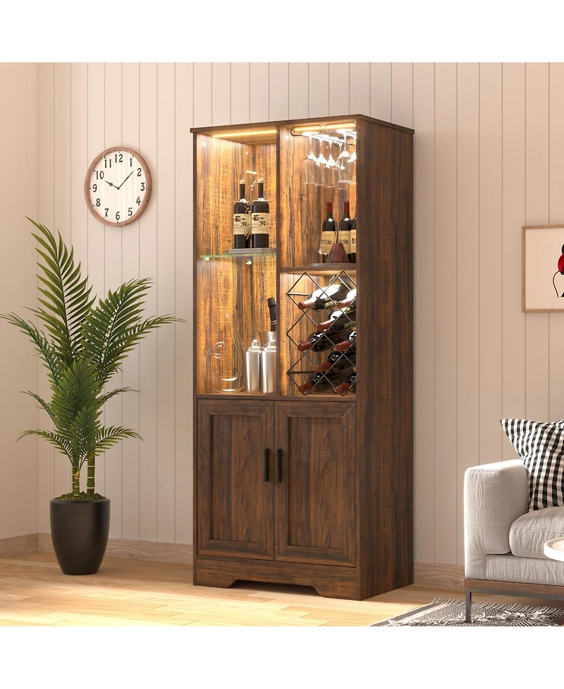 Vlsrka Modern style home bar cabinet with Led lights and tempered glass doors.